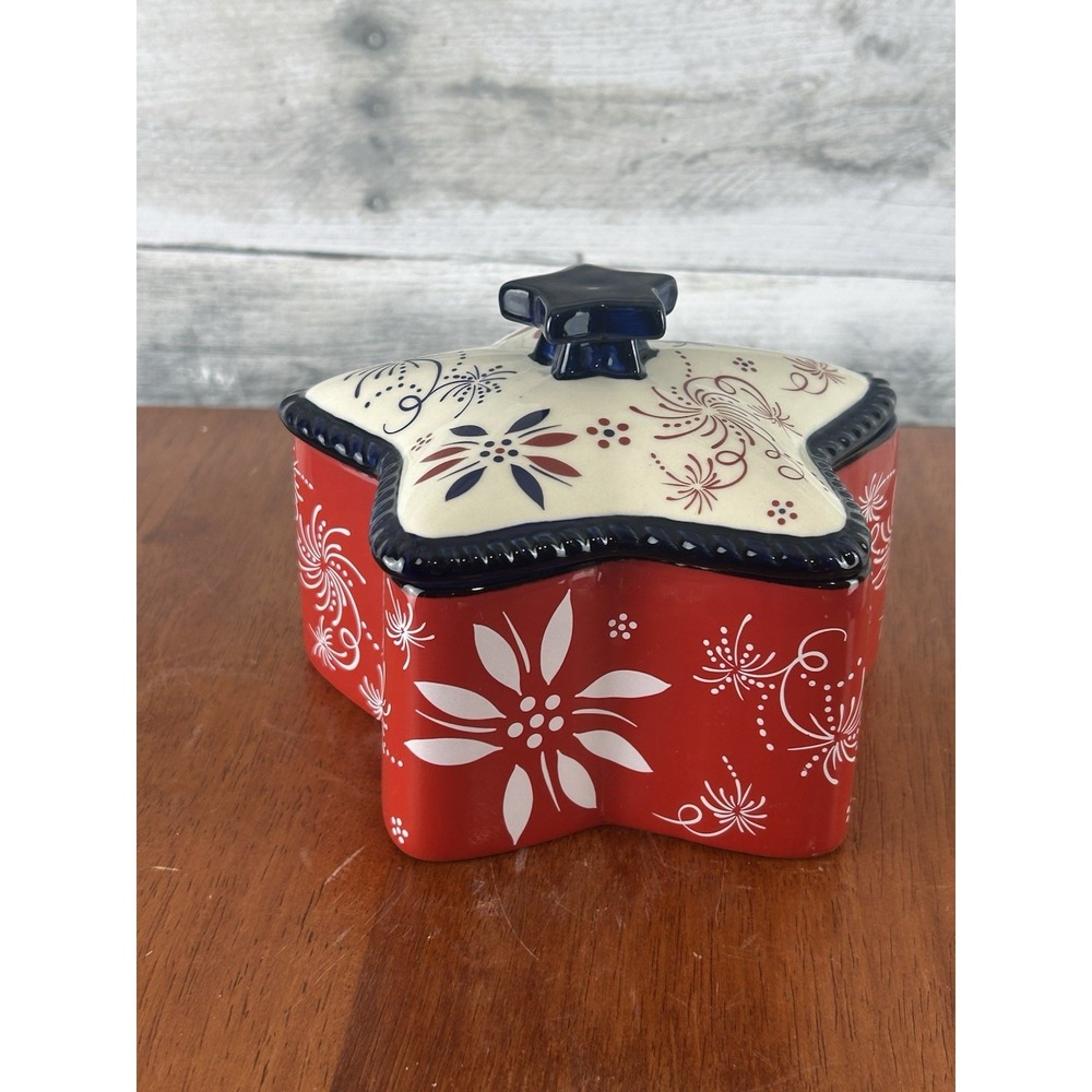 TEMPTATIONS FLORAL LACE FIREWORKS PATRIOTIC 10 OZ LIDDED STAR BOWL RETIRED
